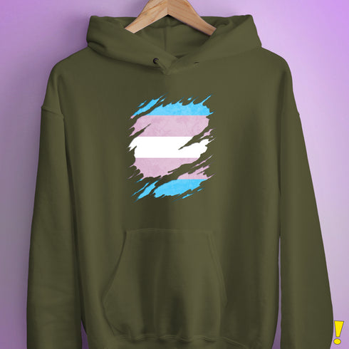 Transgender Pride Flag Ripped Reveal Hoodie - Army